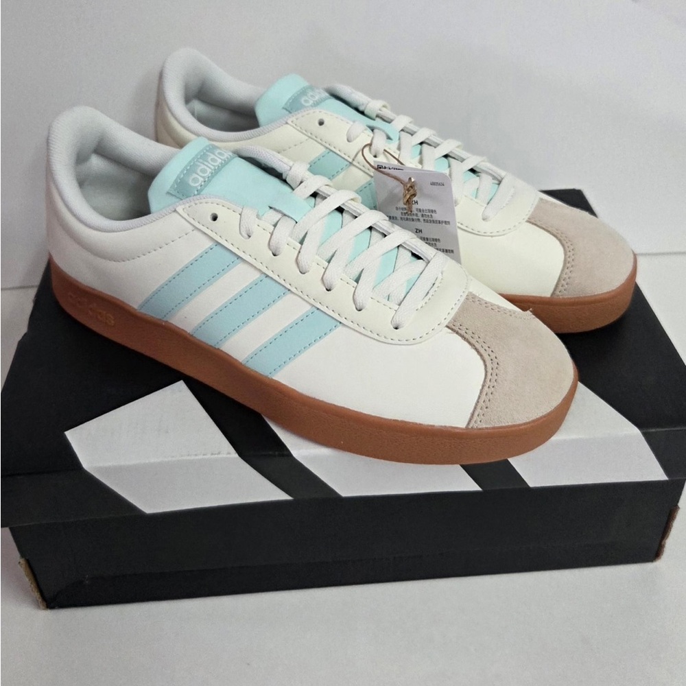 adidas Women's White and Light Blue Low-Top Sneakers with Gum Sole